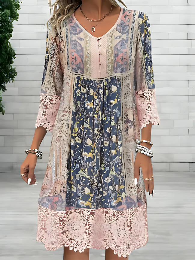 Bella | Dame Blomstret Boho Midikjole Med Blondekant