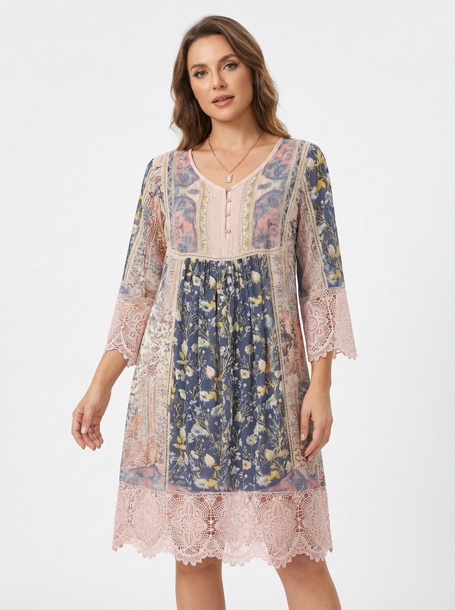 Bella | Dame Blomstret Boho Midikjole Med Blondekant 1
