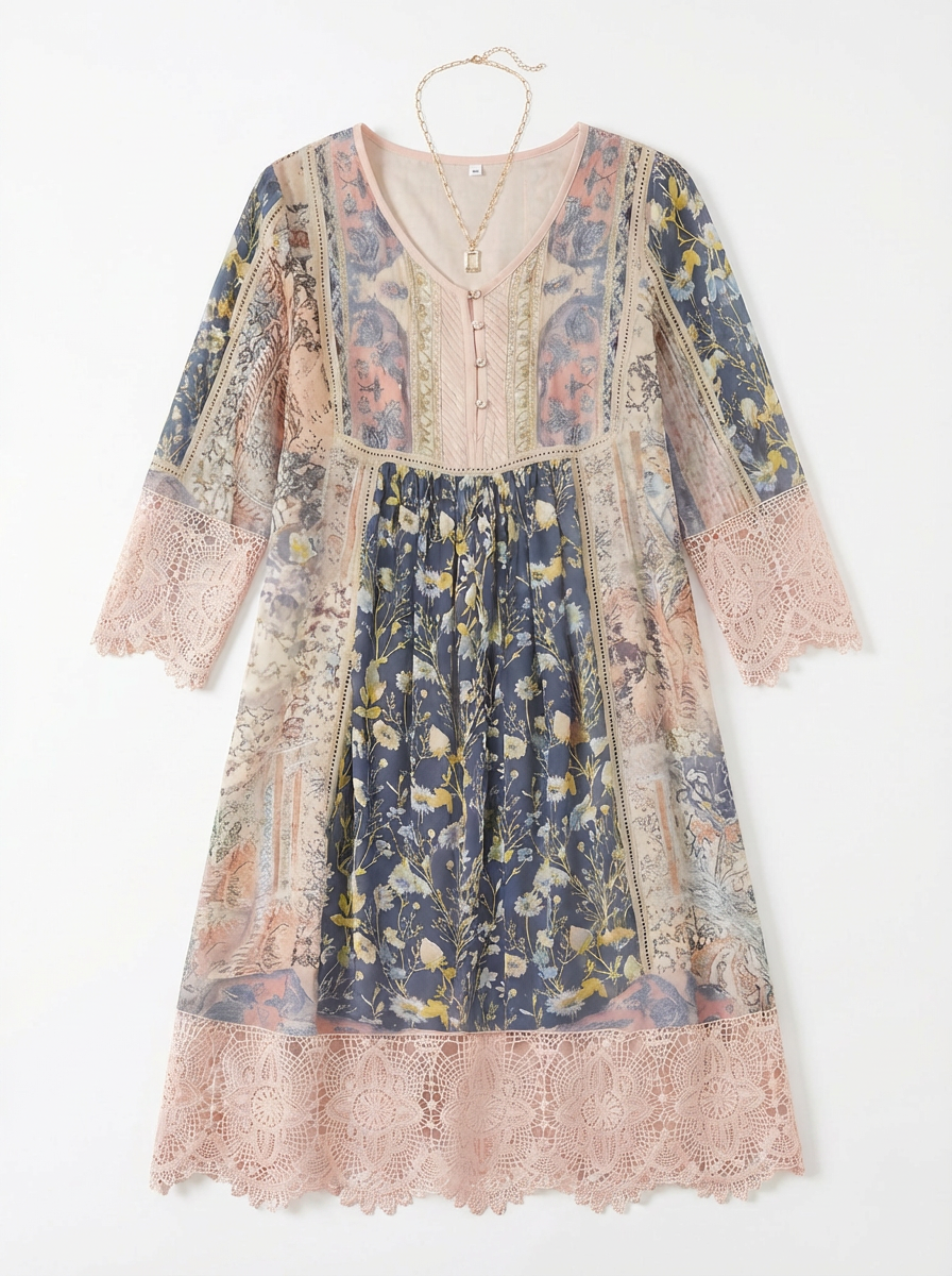 Bella | Dame Blomstret Boho Midikjole Med Blondekant 2