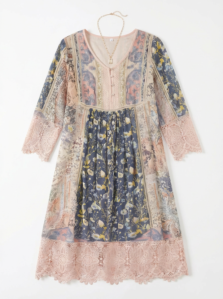 Bella | Dame Blomstret Boho Midikjole Med Blondekant 2