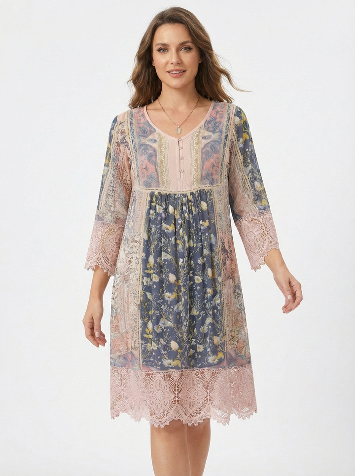 Bella | Dame Blomstret Boho Midikjole Med Blondekant 3