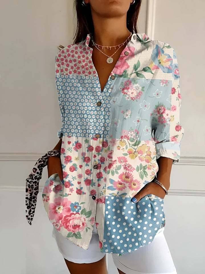 Bonnie | Dameskjorte med blomsterprint og knapper i hør 2