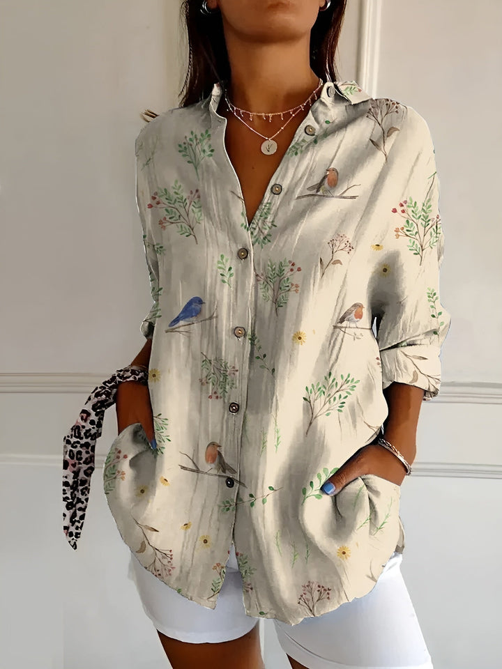 Bonnie | Dameskjorte med blomsterprint og knapper i hør 4