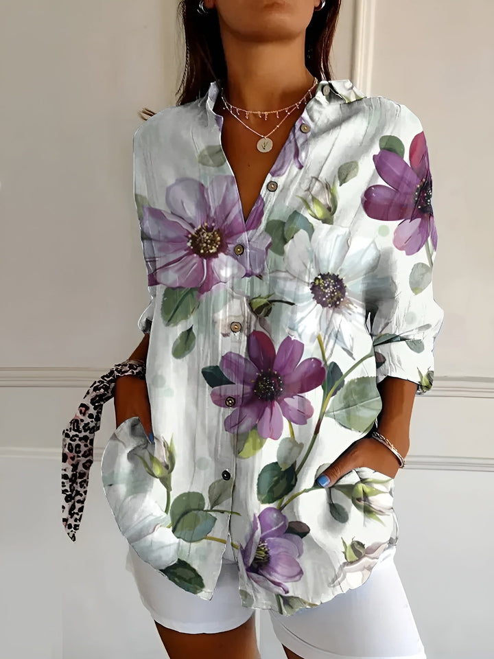 Bonnie | Dameskjorte med blomsterprint og knapper i hør 7