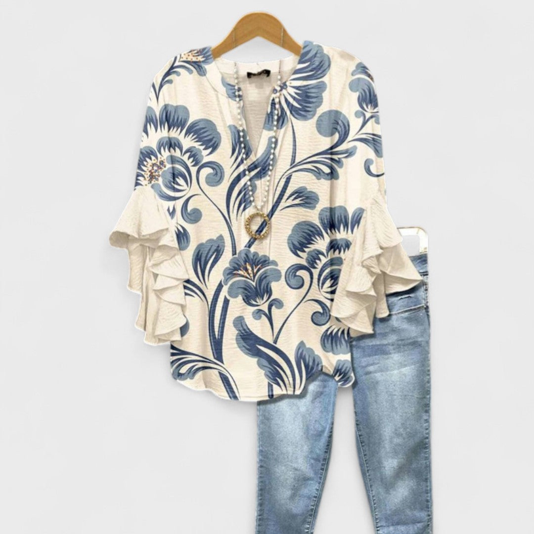 Bria | Dame Bluse V-Hals Volantærmer Blomsterprint