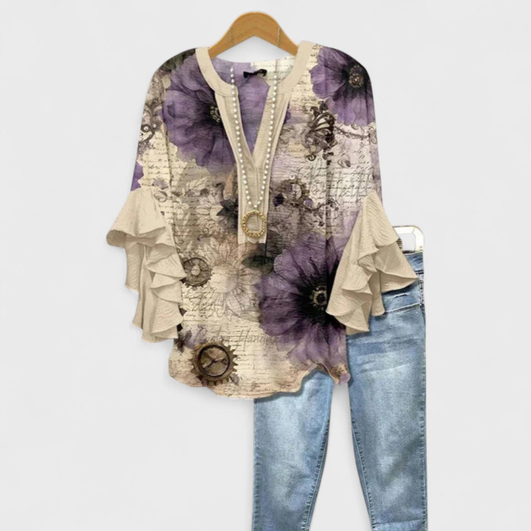 Bria | Dame Bluse V-Hals Volantærmer Blomsterprint 5