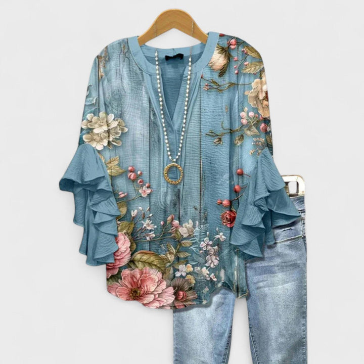 Bria | Dame Bluse V-Hals Volantærmer Blomsterprint 6