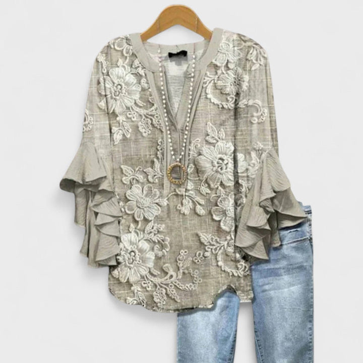 Bria | Dame Bluse V-Hals Volantærmer Blomsterprint 7