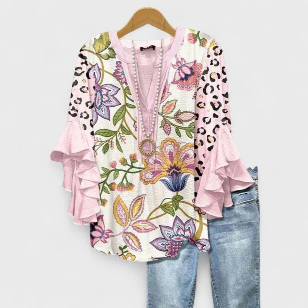 Bria | Dame Bluse V-Hals Volantærmer Blomsterprint 8