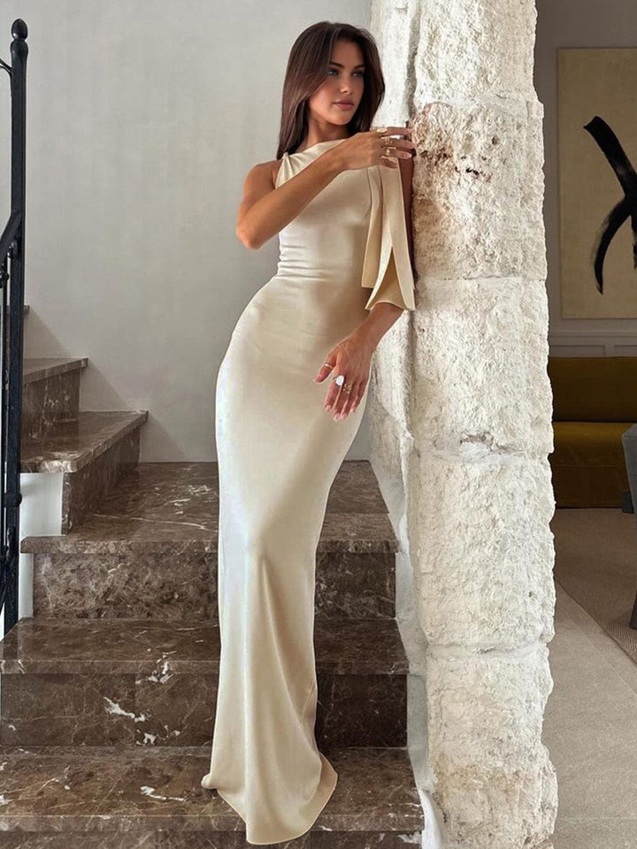 Celine | Dame Satin Maxikjole Med Halterneck Sløjfe