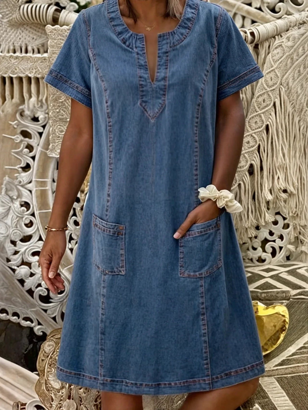 Daisy | Dame Denim Shiftkjole Med Notch-Hals Og Lommer