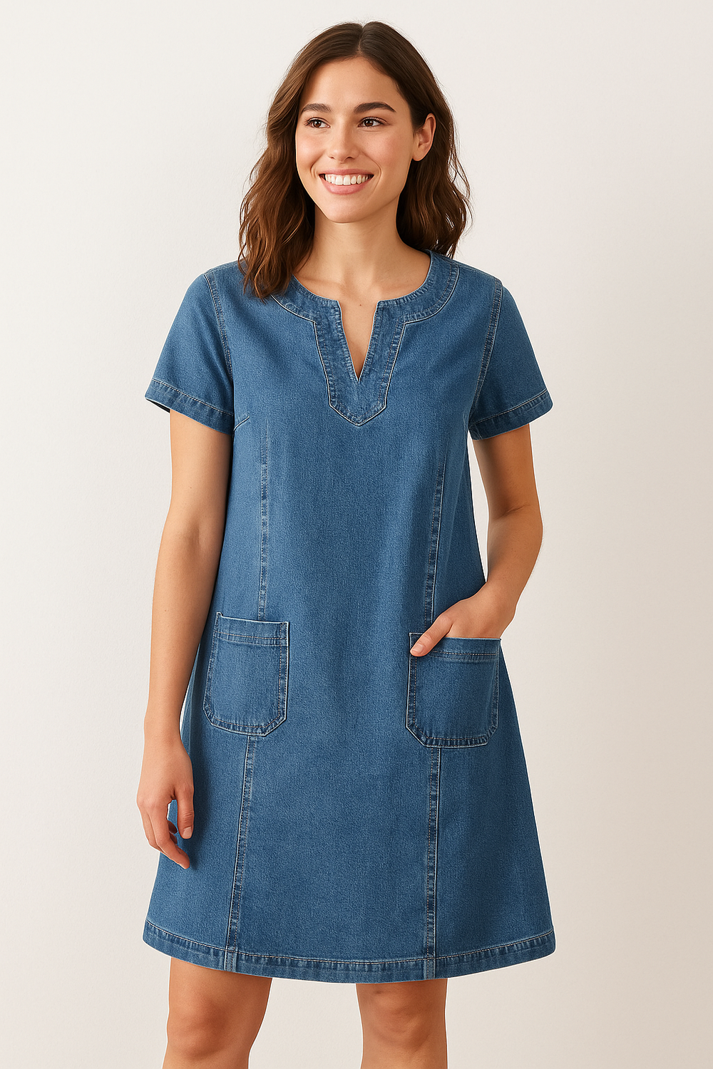 Daisy | Dame Denim Shiftkjole Med Notch-Hals Og Lommer 1