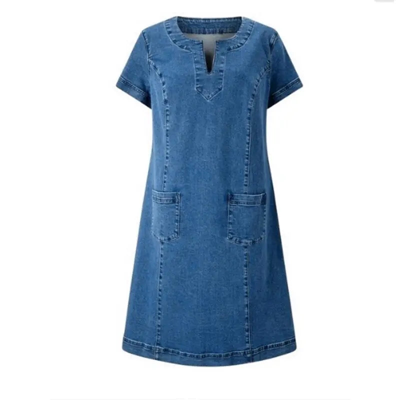 Daisy | Dame Denim Shiftkjole Med Notch-Hals Og Lommer 2