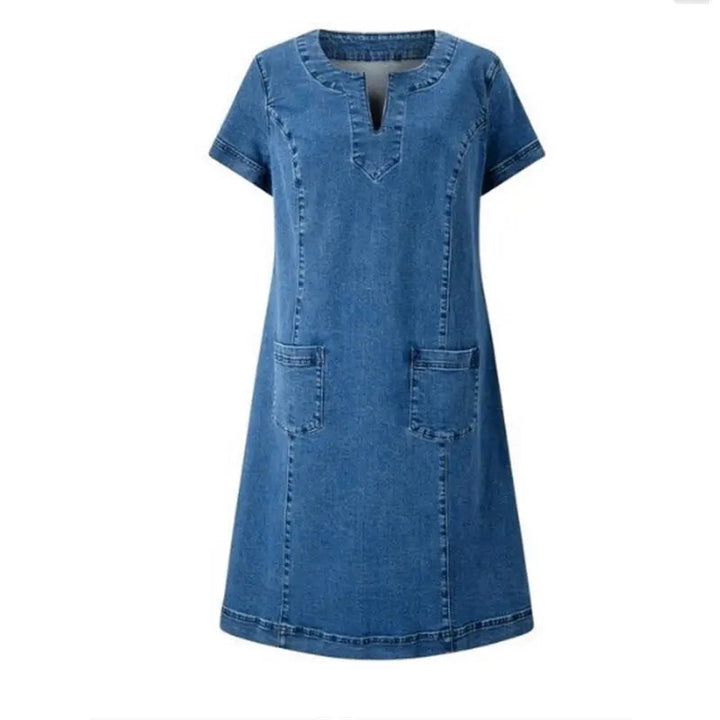 Daisy | Dame Denim Shiftkjole Med Notch-Hals Og Lommer 2
