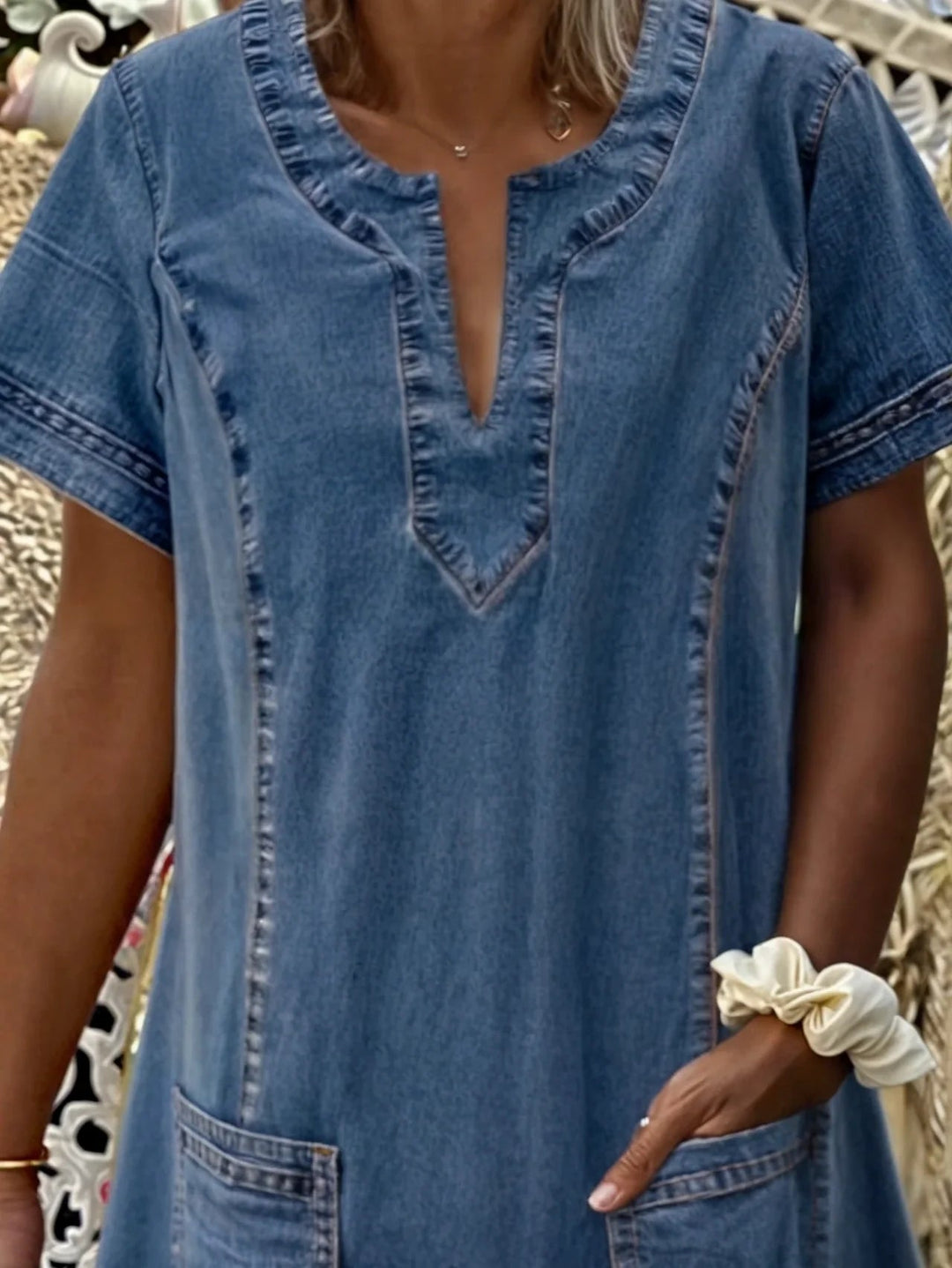 Daisy | Dame Denim Shiftkjole Med Notch-Hals Og Lommer 4