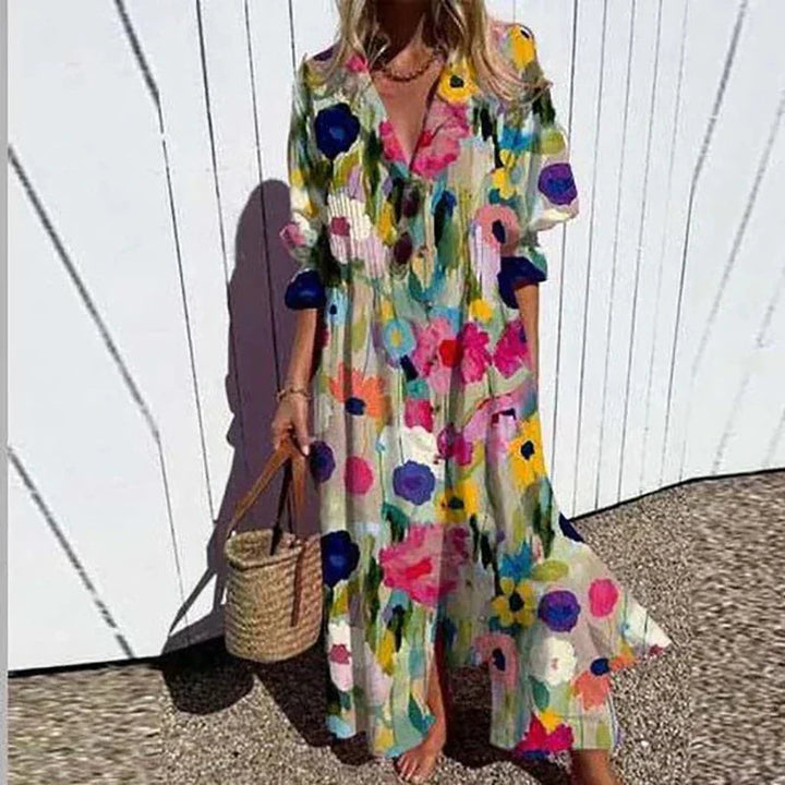 Mila | Dame Blomstret Boho Maxikjole Med V-Hals Og Ærmer