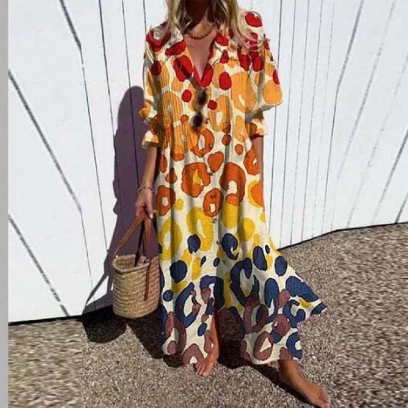 Mila | Dame Blomstret Boho Maxikjole Med V-Hals Og Ærmer 1