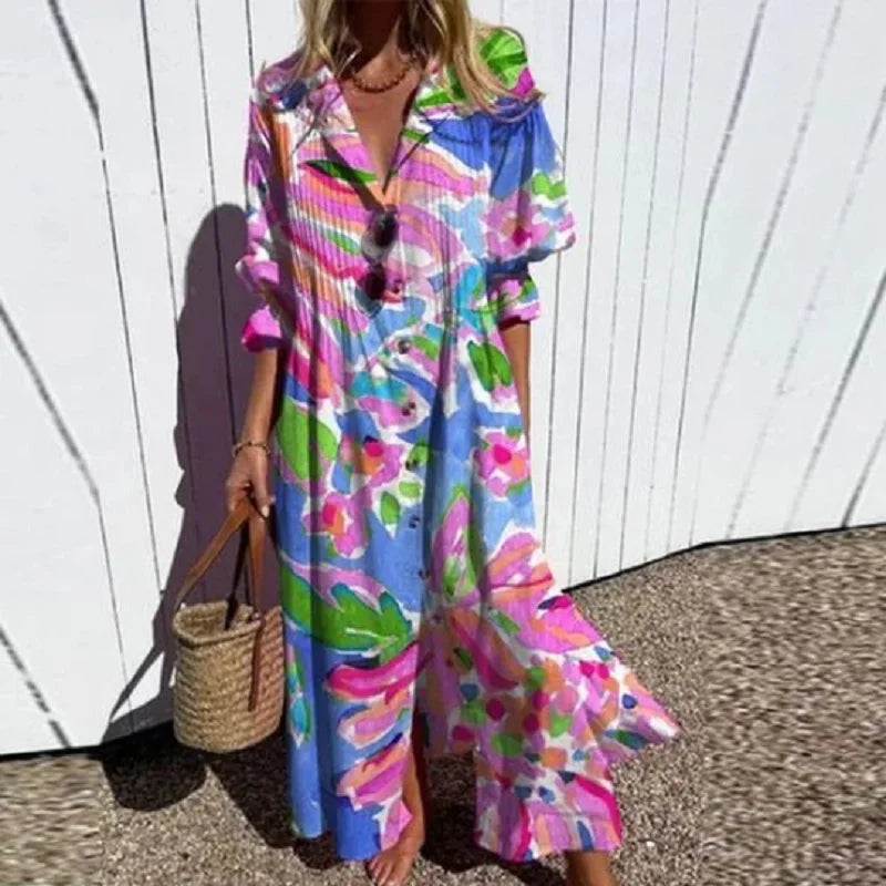 Mila | Dame Blomstret Boho Maxikjole Med V-Hals Og Ærmer 2