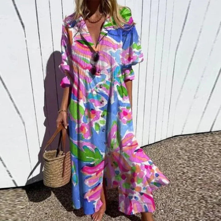 Mila | Dame Blomstret Boho Maxikjole Med V-Hals Og Ærmer 2