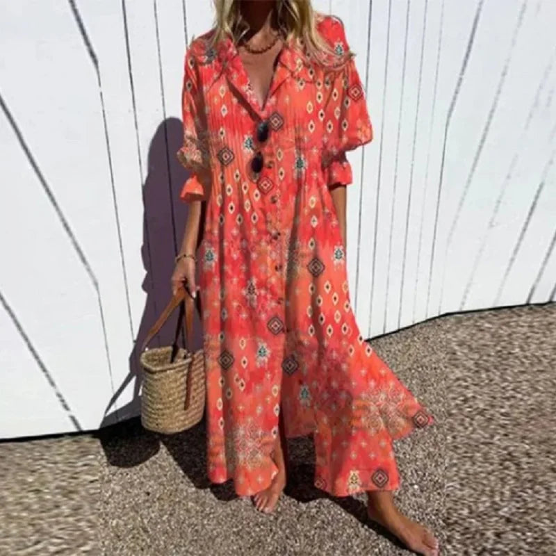 Mila | Dame Blomstret Boho Maxikjole Med V-Hals Og Ærmer 3