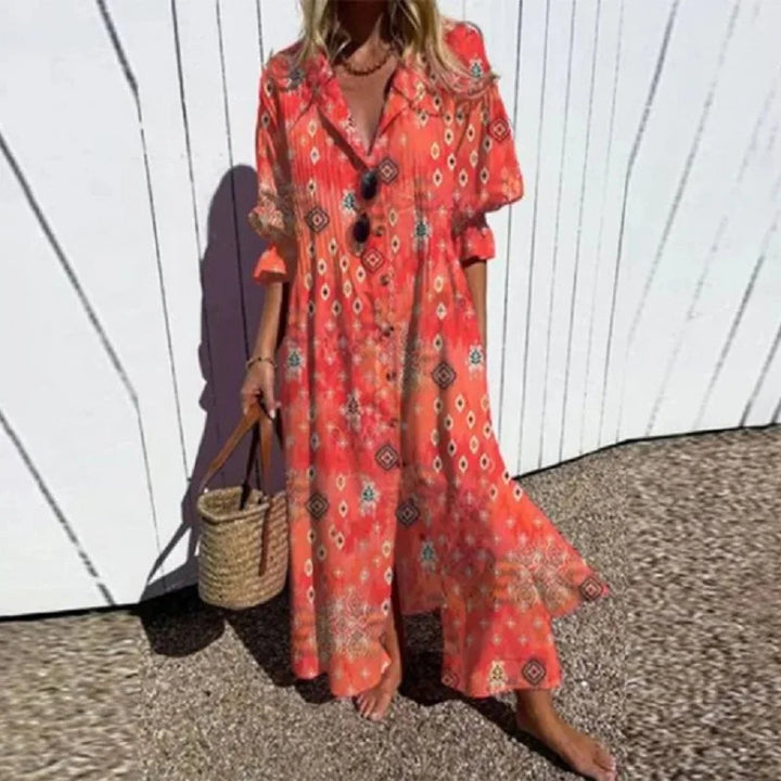 Mila | Dame Blomstret Boho Maxikjole Med V-Hals Og Ærmer 3
