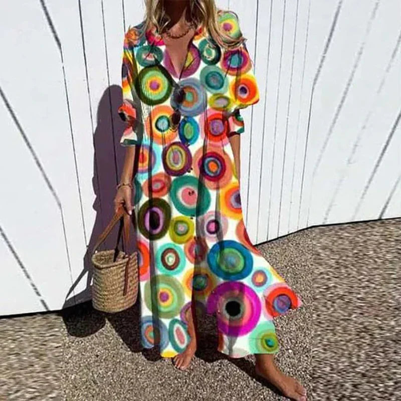 Mila | Dame Blomstret Boho Maxikjole Med V-Hals Og Ærmer 5