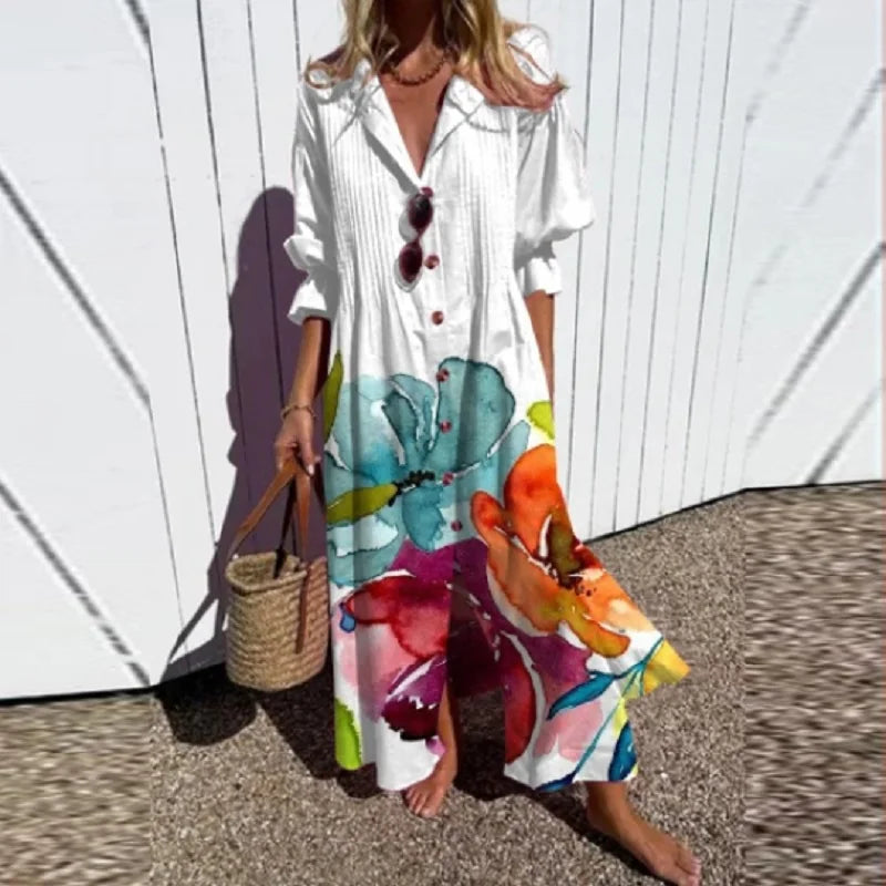 Mila | Dame Blomstret Boho Maxikjole Med V-Hals Og Ærmer 6